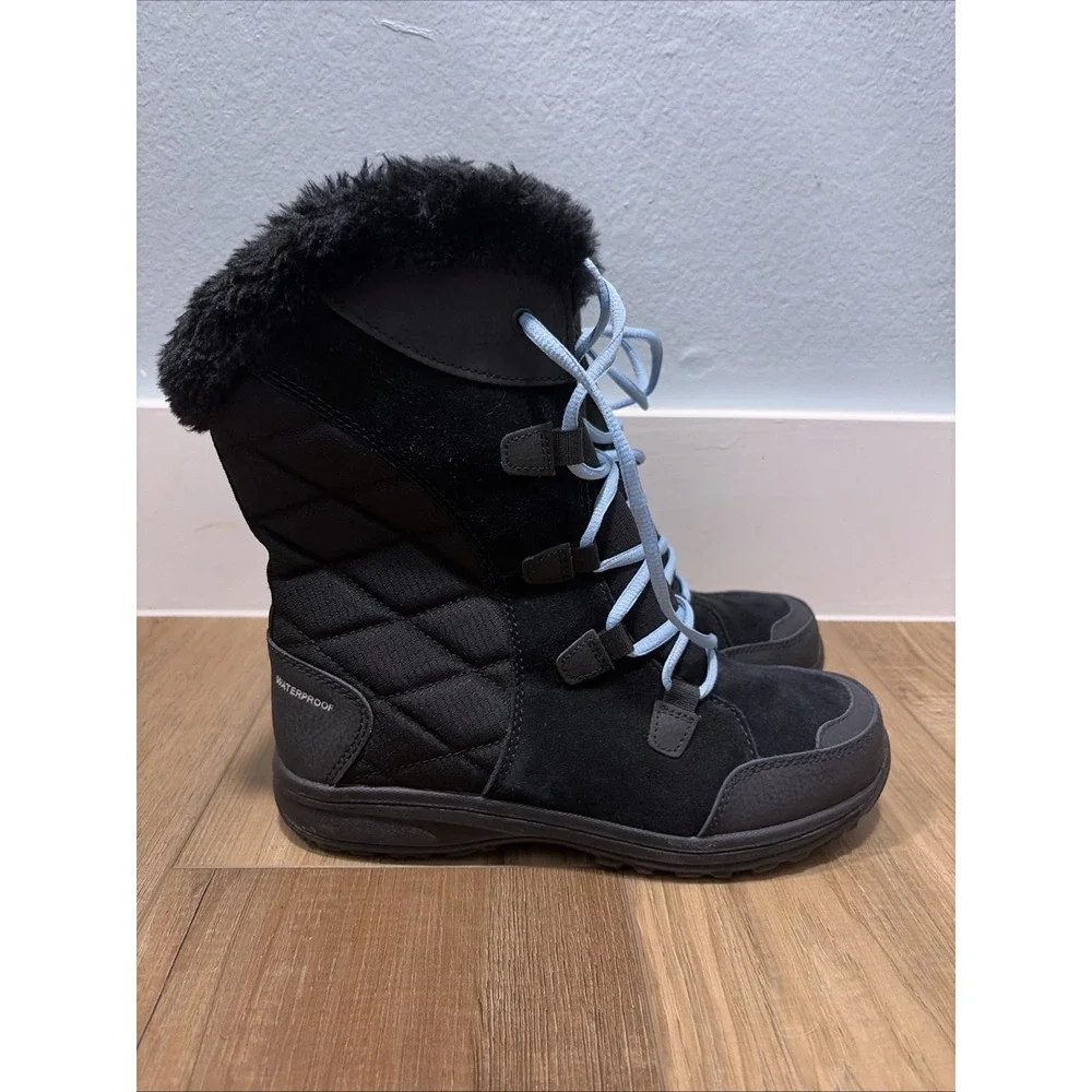 Columbia Women's Black Fur Trim Lace Up Insulated Snow Boots US 8